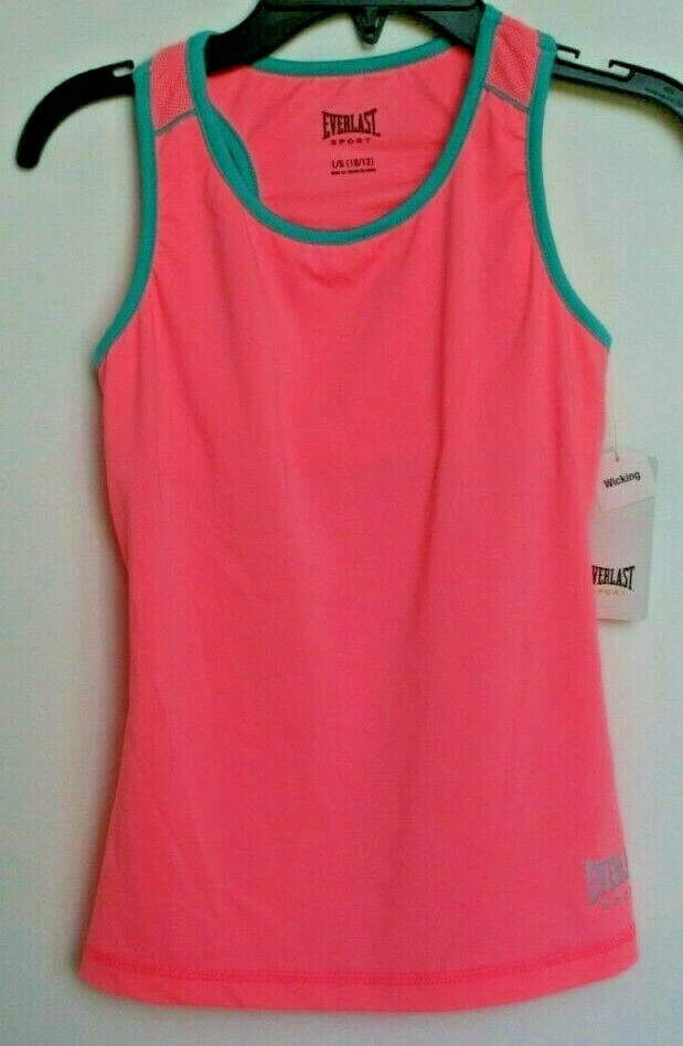 Girls Sport Shirt w/Shelf Bra Size L 10/12 Pink Teal Trim Wicking NWT Everlast   - Image 1 of 4