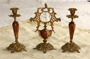 ELEGANT ANTIQUE FRENCH GILT METAL & ROUGE MARBLE CLOCK GARNITURE (only no clock) - Picture 1 of 12