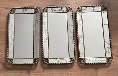 VTG MCM Set Veined Glass Wall Mirrors Metal Antique Gold Rope Framed Hearts - Image 1 of 4