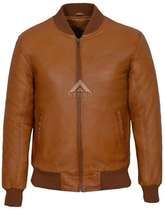 '70'S RETRO BOMBER' Men's Tan Cool Classic Soft Italian Nappa Leather Jacket 275 - Picture 1 of 5