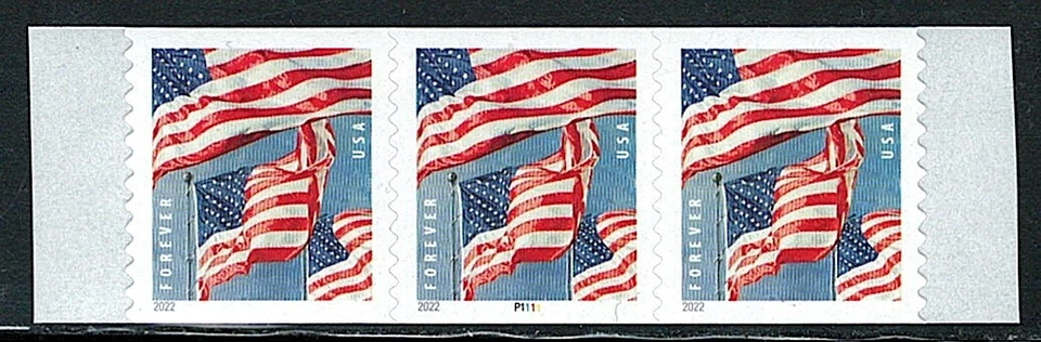 Mint US Strip of 3 Coil Flag Stamp With Plate# P111, Scott# 5656 (MNH) - Image 1 of 1