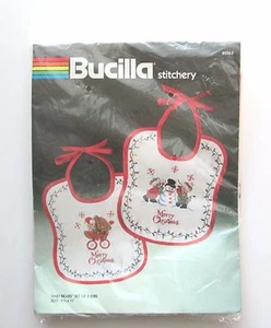 Bucilla Christmas Baby Bibs Stamped Embroidery Kit Snowman Bears Set of 2  - Picture 1 of 3