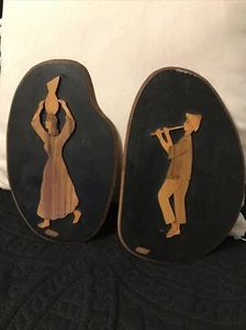 2-Wooden Israeli Wall Plaques-Handmade In Israel-Olive Wood Folk Art-VTG-1960’s - Picture 1 of 9
