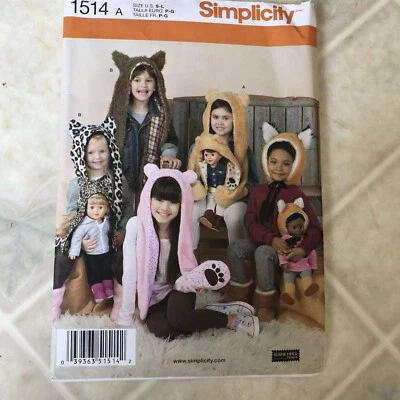 Simplicity 1514A-Kids and 18" Dolls Animal Hats!! Uncut! new - Image 1 of 3