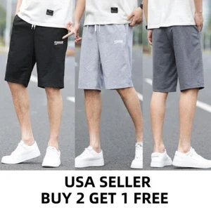 Men Shorts Jersey Pocket Elastic Waist Solid Color Cotton Sweat Pants Fits S - L - Picture 1 of 7