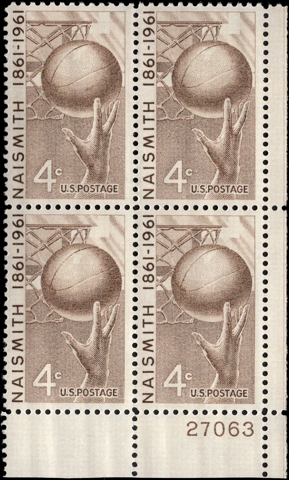 US Scott # 1189, Naismith : Basketball, Plate Block of (4) 1961 4¢ Stamps, MNH - Image 1 of 1