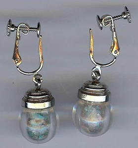 VINTAGE SILVER TONE GLASS & TURQUOISE CHIPS DANGLE EARRINGS - Picture 1 of 2