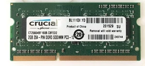 Crucial 2GB 204-PIN DDR3 SODIMM PC3-12 CT25664BF160B.C8FED2  - Picture 1 of 5