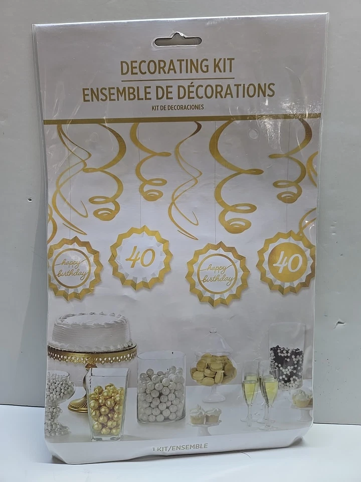 40TH HAPPY BIRTHDAY DECORATING KIT HANGING FANS SWIRLS GOLD - Image 1 of 1