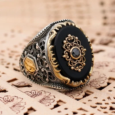 Anillo turco de plata de ley 925 con piedra de ónix ovalada para hombre Foto 1 de 4