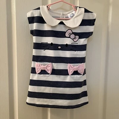 Sanrio Hello Kitty Striped Dress Embroidered Bow Pockets Collared Girls Size 2T - Image 1 of 4