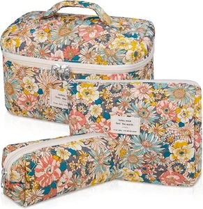 Quilted Makeup Bag Set 3 Pcs Cotton Makeup Bags FLORAL - Picture 1 of 2