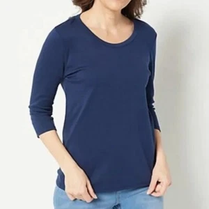 Denim & Co. Essentials haut col rond interlock manches 3/4 XS bleu marine A499574 - Photo 1/6