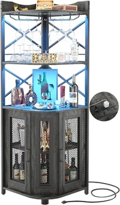 Corner Bar Cabinet with Power Outlet, Industrial Wine Cabinet with LED Strip and - Picture 1 of 12