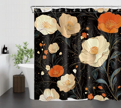 Orange Abstract Floral Black and White Shower Curtain Set for Bathroom Decor - Image 1 of 4