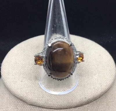 Anillo grande de acero inoxidable genuino ojo de tigre y circonita marrón moda talla 9,75 B246 Foto 1 de 4