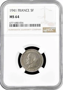 France 5 francs 1941, NGC MS64, "Marshal Philippe Petain" - Picture 1 of 2