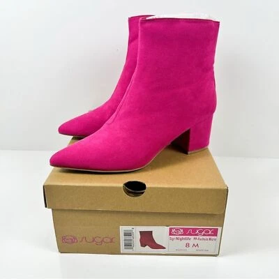 Botas al tobillo Sugar Nightlife rosa sintético gamuza cremallera lateral tacón bajo 8 nuevas en caja Foto 1 de 4