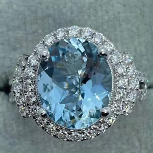 9.50Ct Oval Natural Aquamarine & Diamond 100% Real 14k SOLID White Gold Ring - Picture 1 of 15
