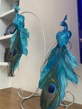 2 Christmas Ornaments Clip-On Peacock Bird  w/ Real  Feathers & Glitter Sequined