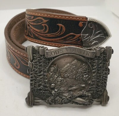 Cinturón de cuero occidental Tony Lama Tooled vintage Bergamont God's Country hebilla 34 Foto 1 de 4