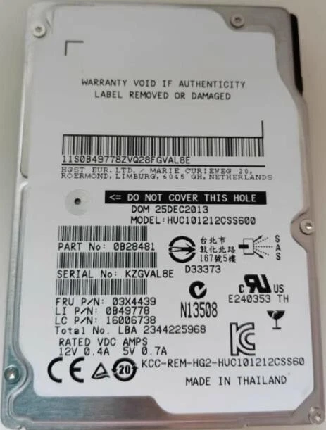 Used Lenovo ST1200MM0007 1.2TB SAS 2.5" 10K 03X4439 16007267 Hard Disk Drive - Image 1 of 1