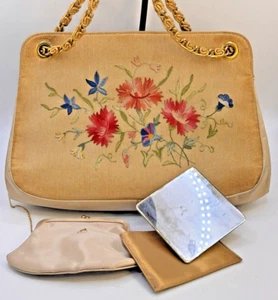 Koret Tresor Cream Embroidered Silk 1940s Clutch Purse + Coin Purse + Mirror VTG - Picture 1 of 12
