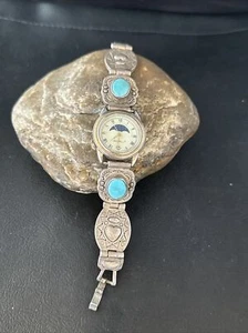 Reloj Old Pewn para mujer azul turquesa navajo plata esterlina puntas 14757 - Imagen 1 de 12