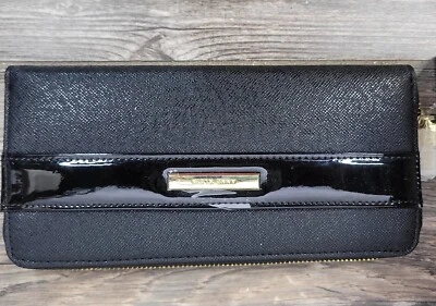 Anne Klein 设计师黑色拉链皮革手拿包钱包全新带盒 — 第 1/4 张图片