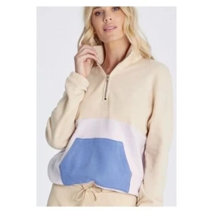 Wildfox Lea Sweatshirt Quarter Zip Pullover Colorblock Tan Size small S - Picture 1 of 8