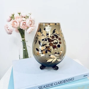 Vintage Amber Czech Bohemian Crystal Mid Century Modern Footed Vase Bowl Belfor - Picture 1 of 6