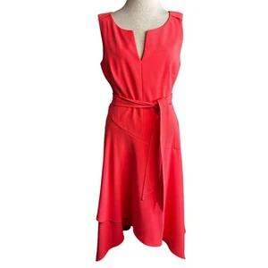 Karen Millen Womens Fit & Flare Dress 10 Coral Cocktail Midi Tie Waist Belted - Picture 1 of 12