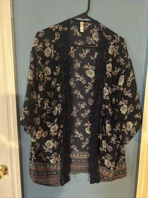 Cárdigan floral para mujer azul marino transparente S/M frente abierto manga corta Foto 1 de 4