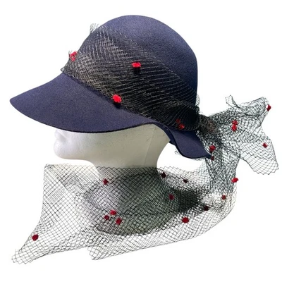 Diadema vintage de fieltro azul con lazo de red WPL 29219 hecha en EE. UU. talla S Foto 1 de 4