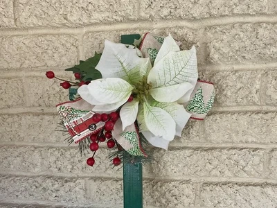 Christmas Cemetery Cross: White Poinsettia grave flowers, Winter Grave Decoratio - Image 1 of 4