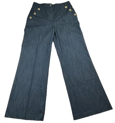 Pantalones Tommy Hilfiger Para Mujer Azul Logo Tiro Alto Botón Pierna Ancha Talla 2 Foto 1 de 4
