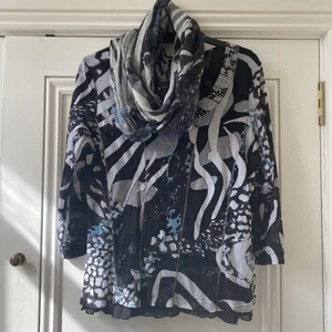 Gerry Weber Top And Matching Scarf Black Grey Blue Pattern 3:4 Sleeve Size 16 GC - Picture 1 of 16