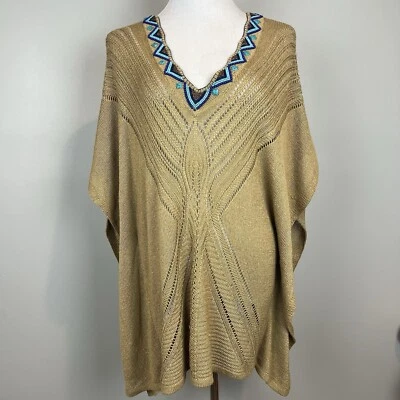 Chicos Nicki Knit Peri Poncho Gold Turquoise Beaded Sweater Size Small/Medium - Imagem 1 de 4