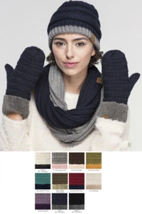 C.C Exclusive Women Two Tone Fleece Lined Knit Warm Soft Mitten Gloves with Cuff - Picture 1 of 12