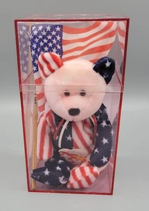 TY Beanie Baby patriotisch rosa Gesicht ""Spangle"" Bär in Vitrine 1999 Geburtsschild - Bild 1 von 13