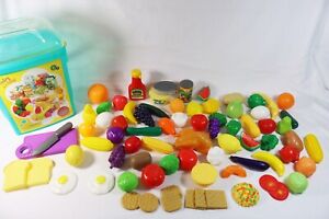 Large Lot of Pretend Food Play Kitchen Toys Canned, Fruit, Veg in Container 77pc