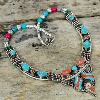 Collana In Argento Sterling 925 Con Gioielli Tibetani In Turchese E Corallo - Immagine 1 di 4