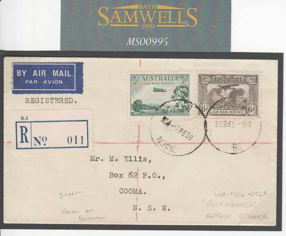 AUSTRALIA AIR MAIL First Day *Mascot Aerodrome* PO Cover 1938 Cooma TPO MS995 - Image 1 of 2