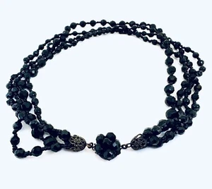 MIRIAM HASKELL Vintage Signed Black Faceted Jet Glass Multi Strand Bead Necklace - Picture 1 of 13