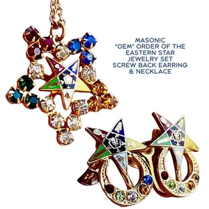 MASONIC Order of the Eastern Star Jewelry Lot Rhinestone Earrings & Necklace Set - Picture 1 of 8