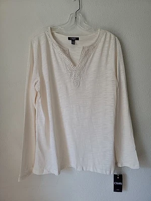 Chaps Longsleeve T Shirt Large  Cream Ivory V Neck Crochet Cotton Modal $49 - Image 1 of 4