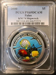 2000 Palau Shipwreck KM-74 Marine Life Protection 5 $ Silber PP PCGS PR69DCAM - Bild 1 von 2