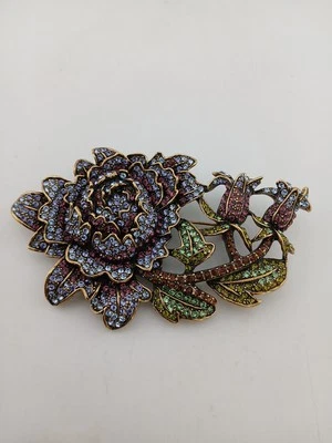 HEIDI DAUS "MOODY HUE" bronze tone multicolor pave crystals flower design brooch - Image 1 of 4