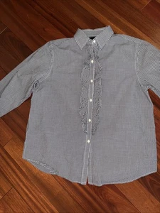 Lauren Ralph Lauren Womens Gingham Ruffle Front Button Shirt SZ L Black White - Picture 1 of 5