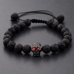 Charm Man's Lava Stone Zircon Black Skull Head Beads Braided Macrame Bracelets - Picture 1 of 8